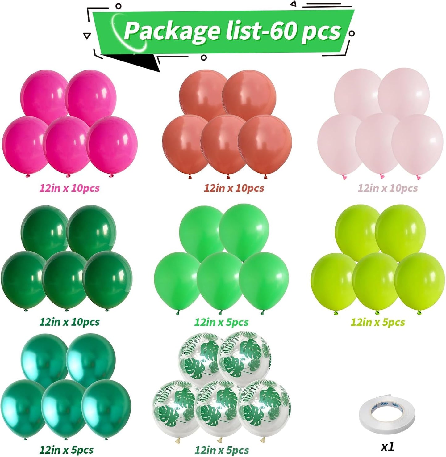 Tropical Balloons, 60 PCS Summer Hawaiian Balloons, Hot Pink Lime Green Orange Metallic Latex Balloon Palm Leaves Helium Party Balloon for Baby Shower Aloha Luau Beach Summer Party Decorations