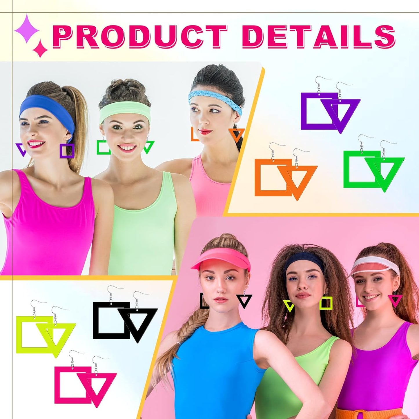 Yinkin 6 Pairs 80s 90s Neon Earrings Lightning Earrings for Women Halloween Costume Party Dancing Glow Party Accessory