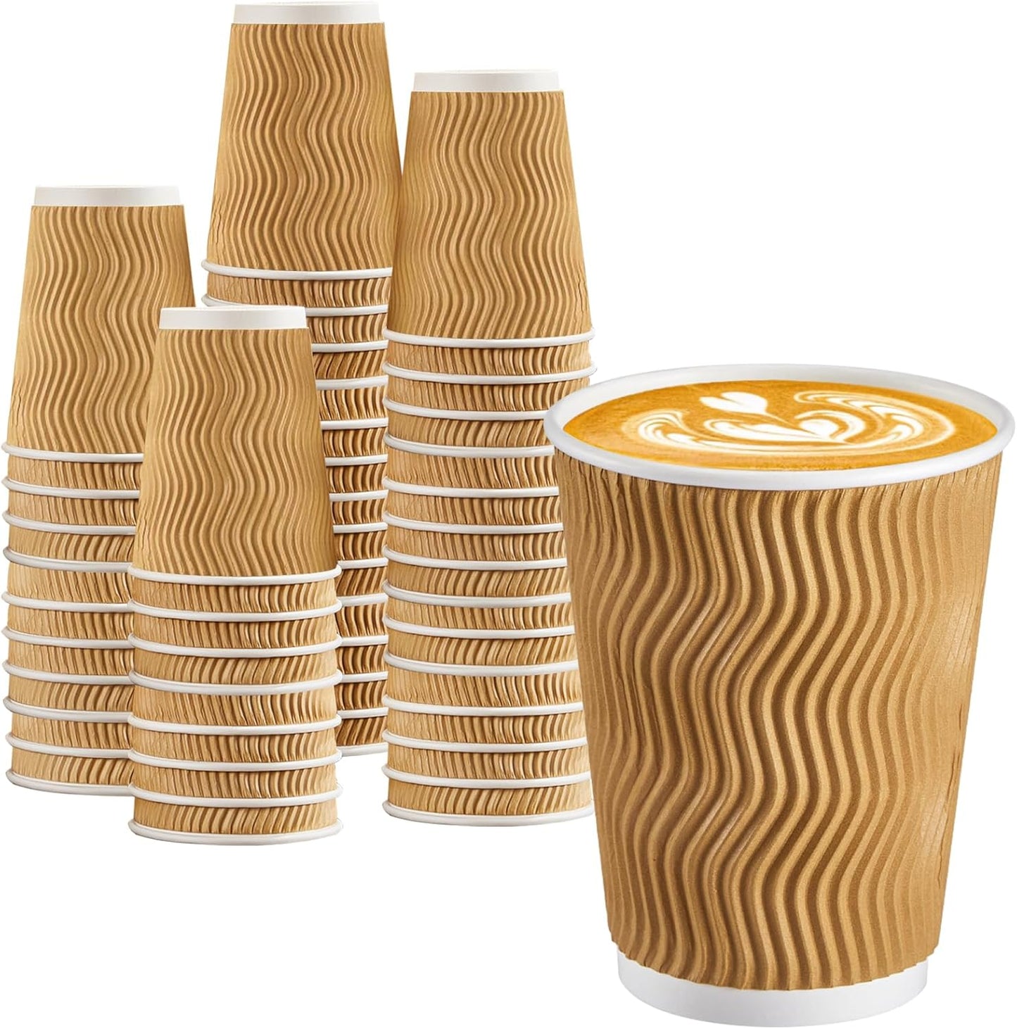 100 Pack 12 oz Disposable Paper Coffee Cups, Leak Proof Insulated Ripple Wall Hot Cups for Espresso, Coffee, Tea, Hot Chocolate, To Go Drinks (Home, Office, Cafe Bar)