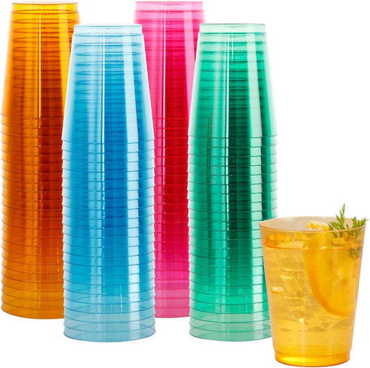 DaYammi 100 Pack Colorful Plastic Cups 10 Oz Disposable Cups Neon Glowing Plastic Party Cup, Assorted Neon Colors for Wedding Wine Glasses Heavy Duty Disposable Tumblers Drinking Cocktail Glasses