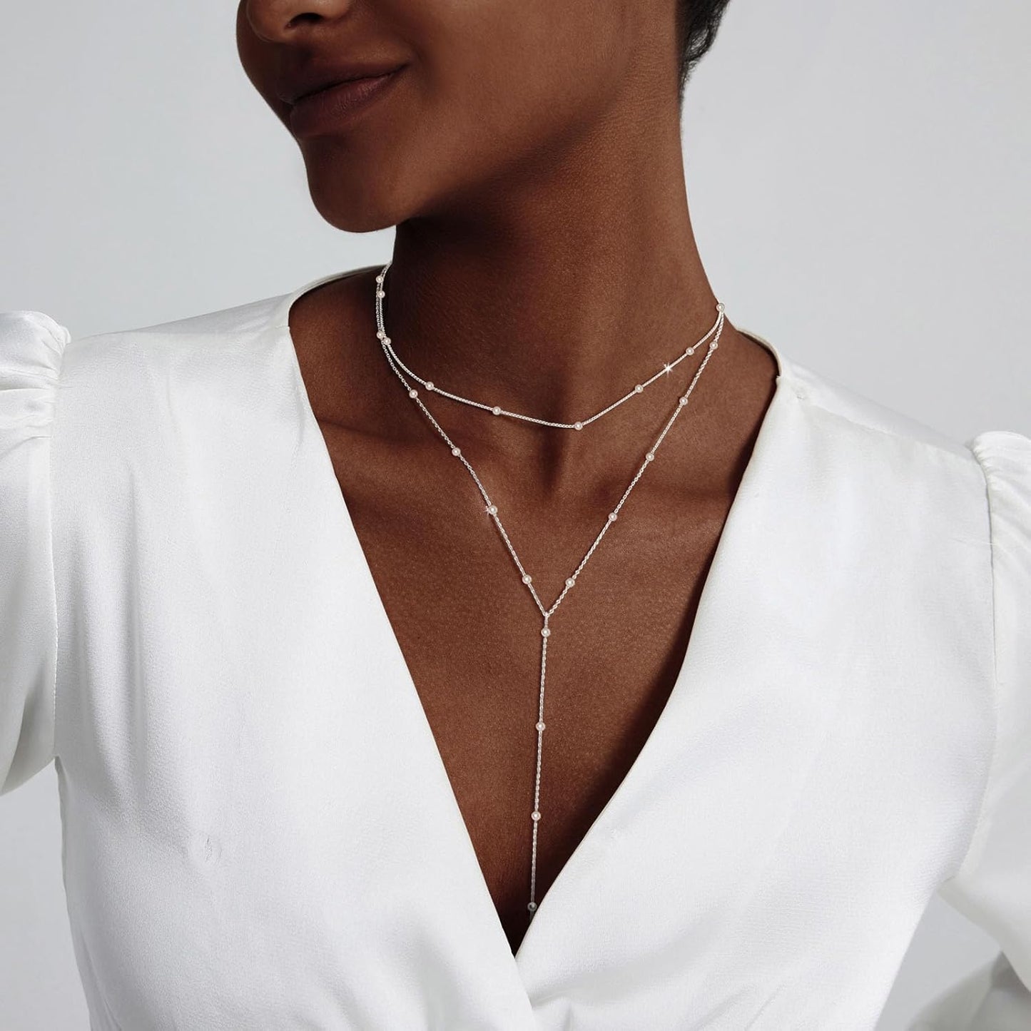 Lariat Gold Necklace for Women, Dainty Long Necklace 14k Gold Plated/Silver Y-Shaped Layered Beaded Chain Drop Necklaces for Women Trendy Simple Gold Jewelry for Women Gifts