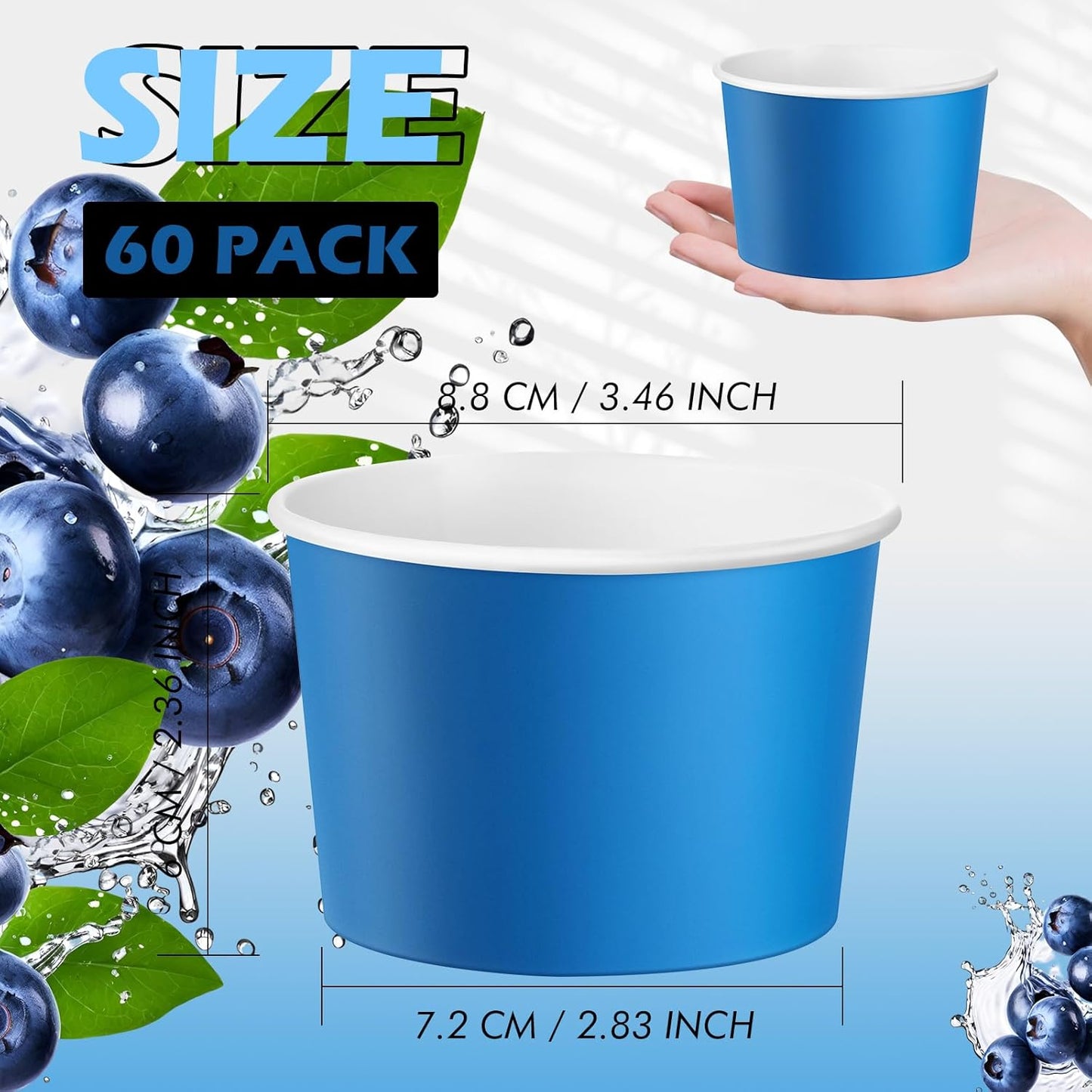 Paper Ice Cream Cups 9oz Colored Disposable Dessert Bowls for Hot or Cold Food Party Cups for Birthday Baby Shower Easter Party Supplies(Blue,60 Pcs)