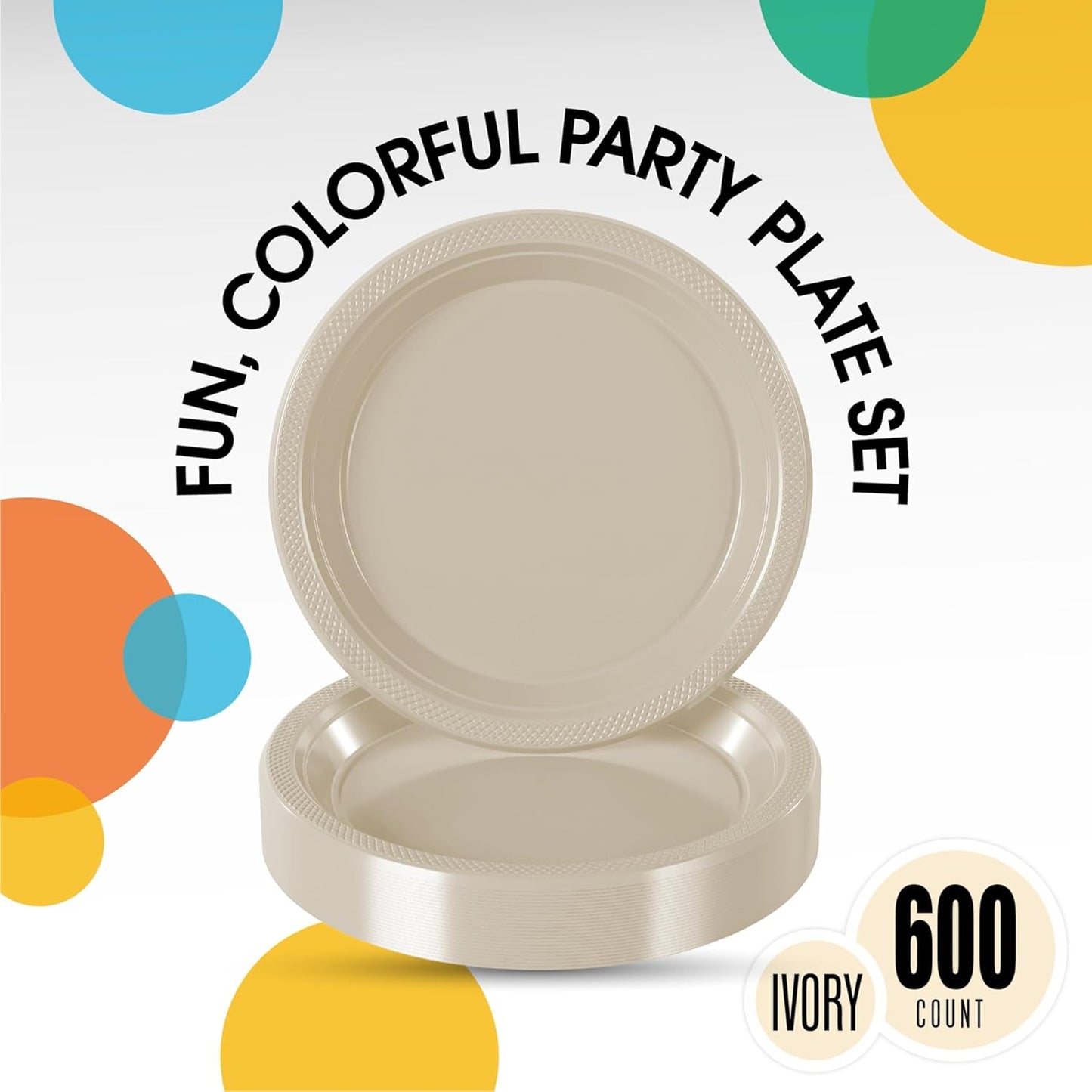 Party Solids Ivory Plastic Plates Bulk 9" Ivory Disposable Plates For Party Supplies 600 Pieces Disposable Dinner Plate Heavy Duty 350 GSM Plate Sets, Plastic Dinnerware Sets