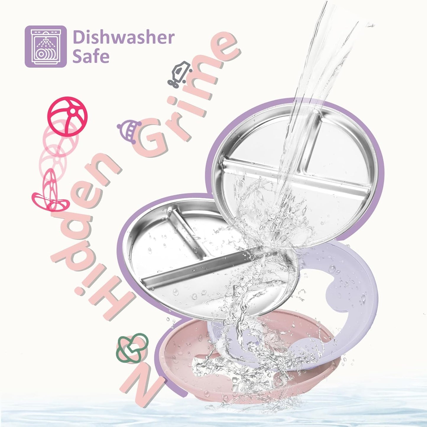 Stainless Steel Baby Plate with Suction, 9” Divided Toddler Plates with Removable Silicone Sleeves for Kids, Non-Toxic Non-Slip Unbreakable Dishwasher Safe Dinnerware Set of 2, Pink & Lilac