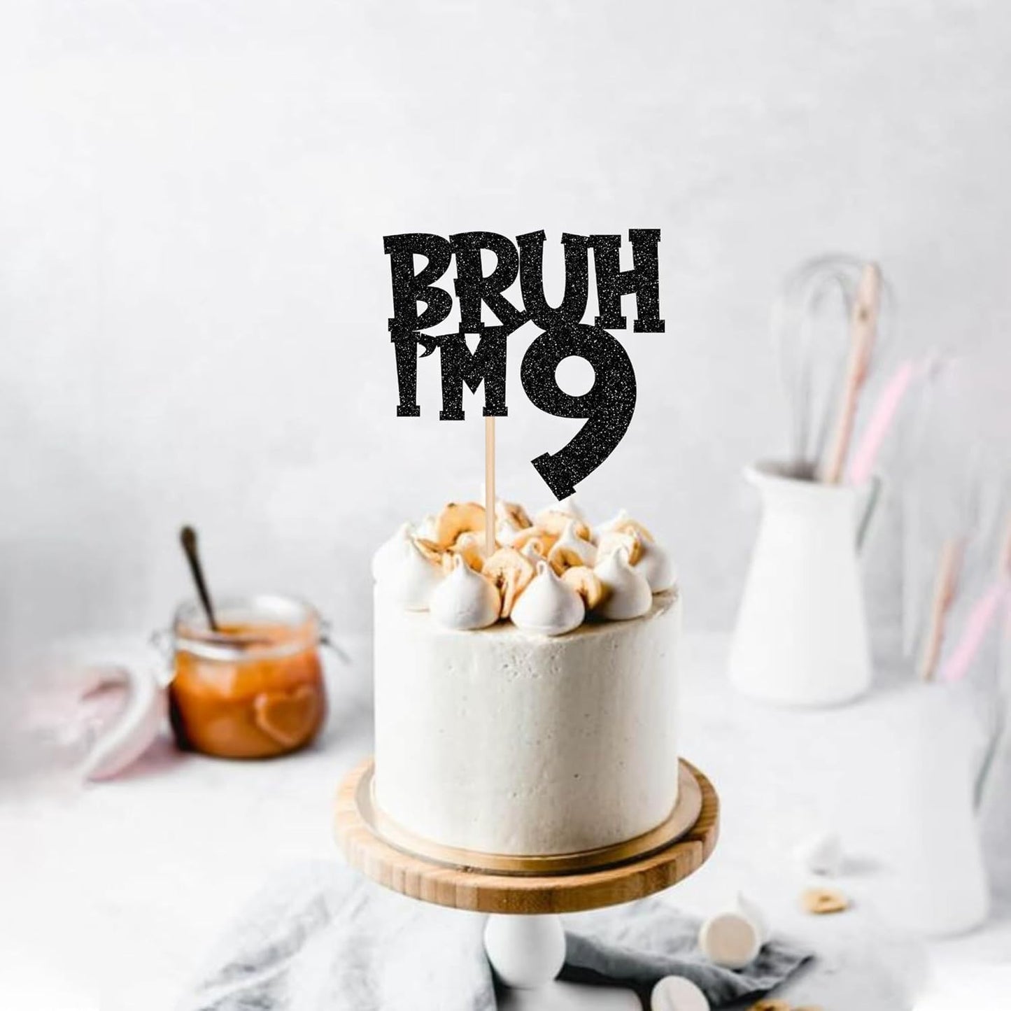 1 PCS Bruh I'm 9 Cake Topper Black Glitter Happy 9th Birthday Cake Pick Bro I'm 9 It's My 9th Birthday Cake Decoration for Cheers to 9 Years Birthday Party Decorations Supplies