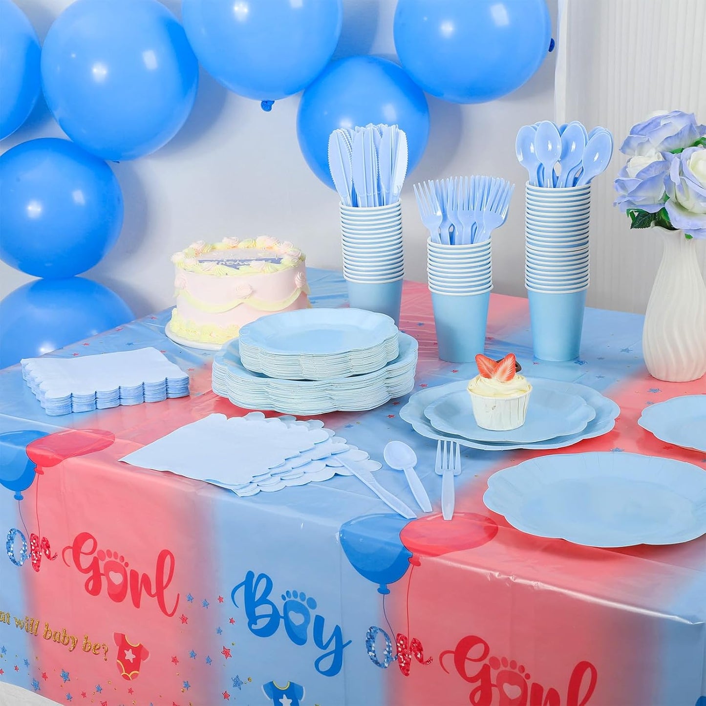 175 Pcs Light Blue Plates and Napkins Set, 25 Guest Blue Supplies Include Scalloped Plate Napkin Cup Forks Knives Disposable Plastic Cutlery for Wedding Baby Shower Birthday Banquet