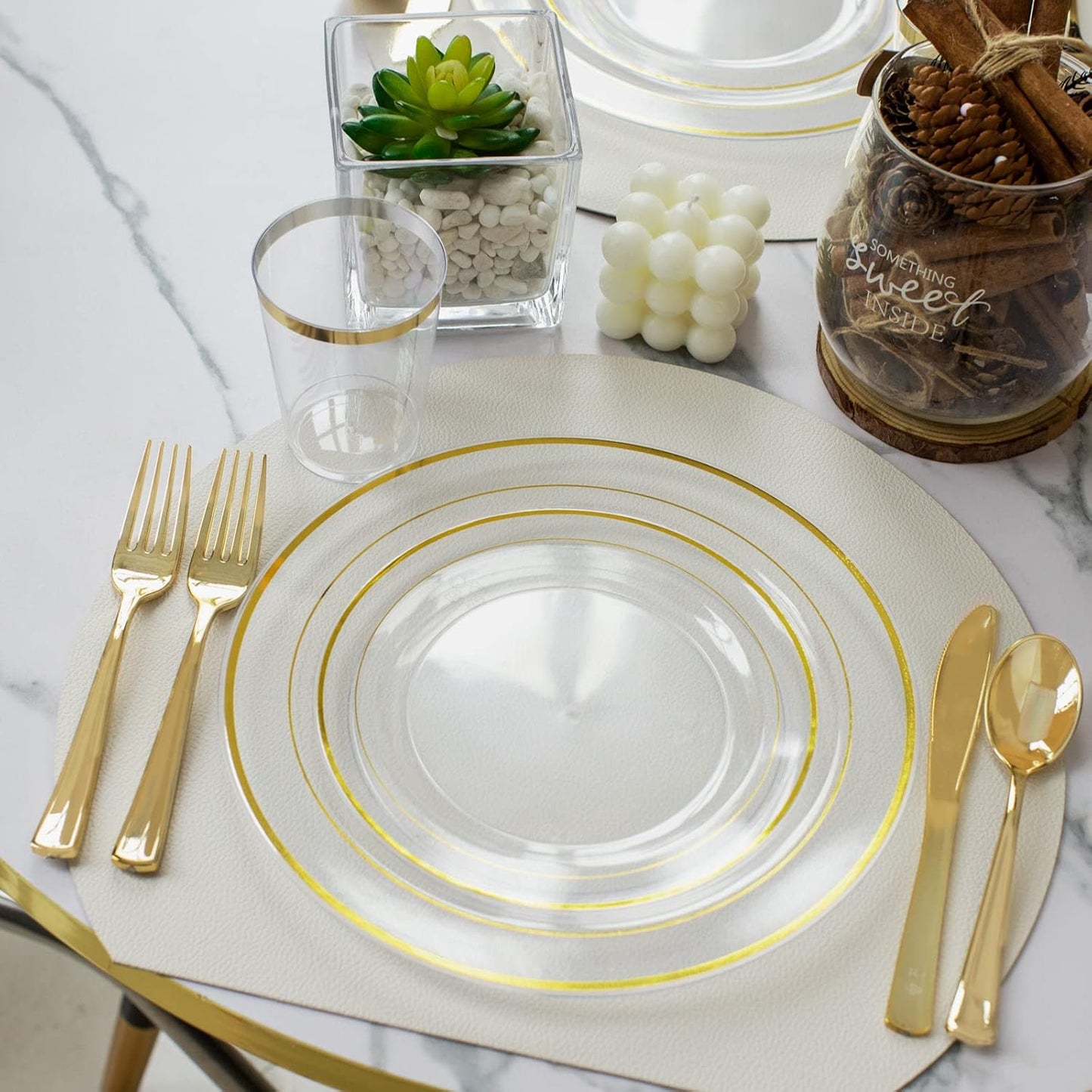 I00000 60 Pcs Clear Gold Plastic Plates, Gold Disposable Plates Includes: 30 Dinner Plate 10.25" and 30 Dessert Plate 7.5 ", Premium Clear Plate Prefect for Wedding and Gold Plates Party/Birthday