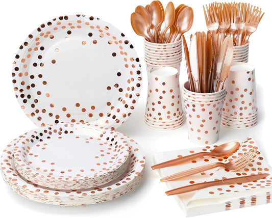 Party Supplies Set - 210 Pieces of White and Rose Gold Dot Paper Plates, Cups, Napkins, and Heavy Duty Silverware for 30 Guests for Birthdays, Graduation, Wedding, Festivals