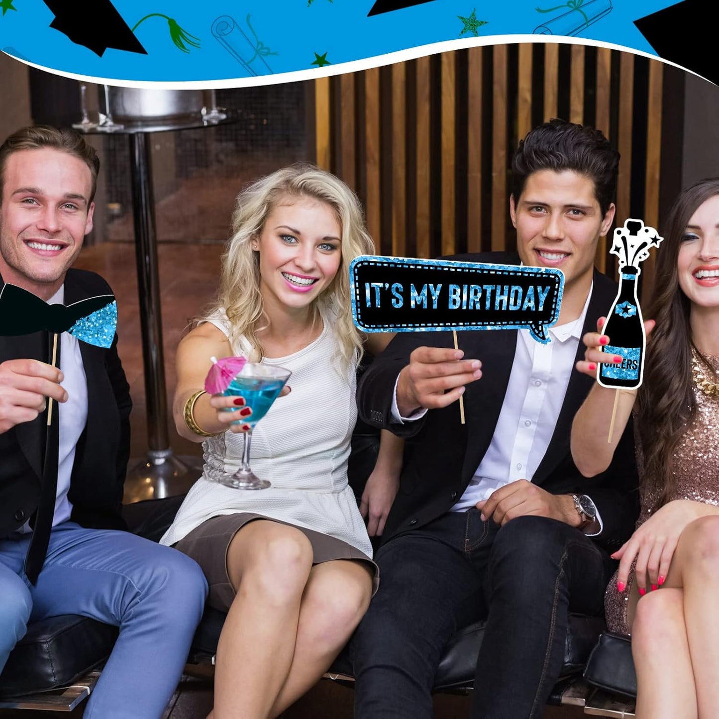 Outus 36 Pcs Birthday Photo Booth Props Kit Happy Birthday Graduation Wedding Party Favors Supplies Bday Party Decor 40th- 50th-60th Photobooth Funny Cute Holiday Selfie Supplies(Blue and Black)