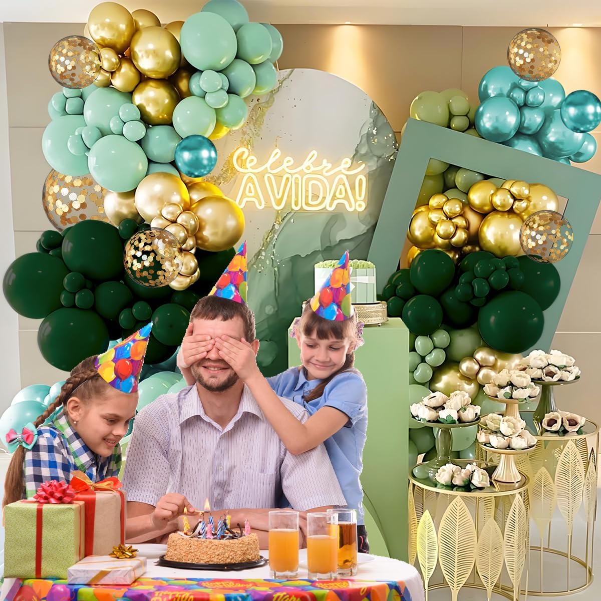 Green Gold White Balloon Arch Kit, 147PCS Dark Green Ivory Gold Metallic Pastel Green Balloons Garland for Birthday Wedding Baby Bridal Shower Party Decorations