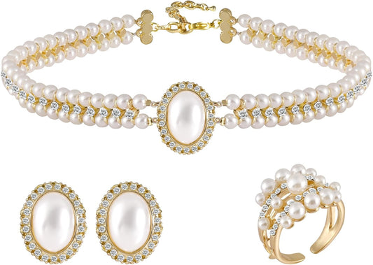 Pearl Jewelry Set for Women Faux Pearl Costume Jewelry Set with Necklace, Bracelets, Ring, Earrings for Wedding Bridal Birthday Tea Party