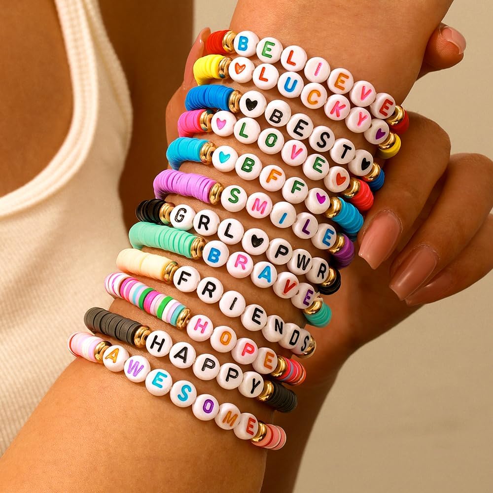 Friendship Bracelets Boho Stackable Bracelets for Women Surfer Heishi Clay Bead Bracelets Stretch Preppy Bracelets Colorful Boho Bracelets for Women
