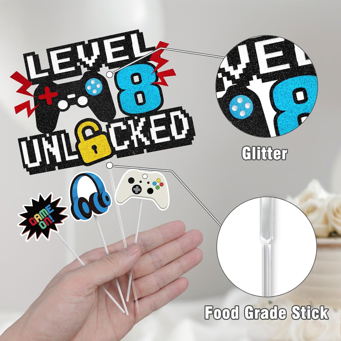 Video Game Cake Topper, Level 8 Unlocked Cake Toppers, Happy 8th Birthday Game Party Decorations for Boys Girls, Video Game Controller Themed Birthday Party Supplies for Game Fans, Kids and Men