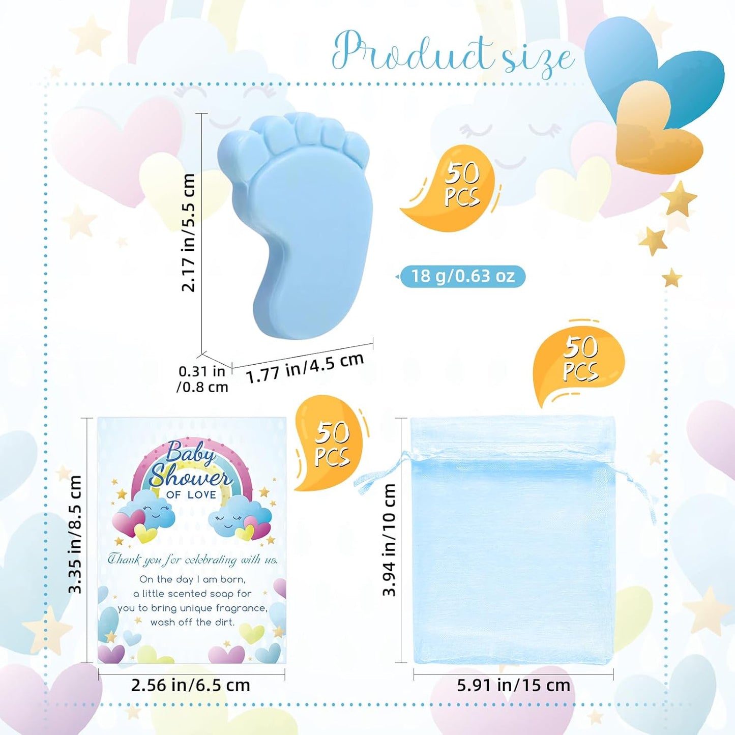50 Sets Baby Shower Favors Refreshing Foot Soap Perfect Baby Shower Favors for Guests, Gifts, and Prizes with Organza Bags Thanks Cards (Blue)
