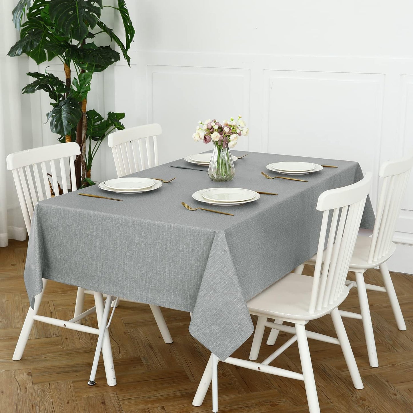 Romanstile 100% Waterproof PVC Tablecloth, Rectangle Oil Spill Proof Stain Resistant Vinyl Table Cloth, Wipe Clean Plastic Table Covers for Kitchen/Dining/Parties - 60 x 120 Inch, Light Grey