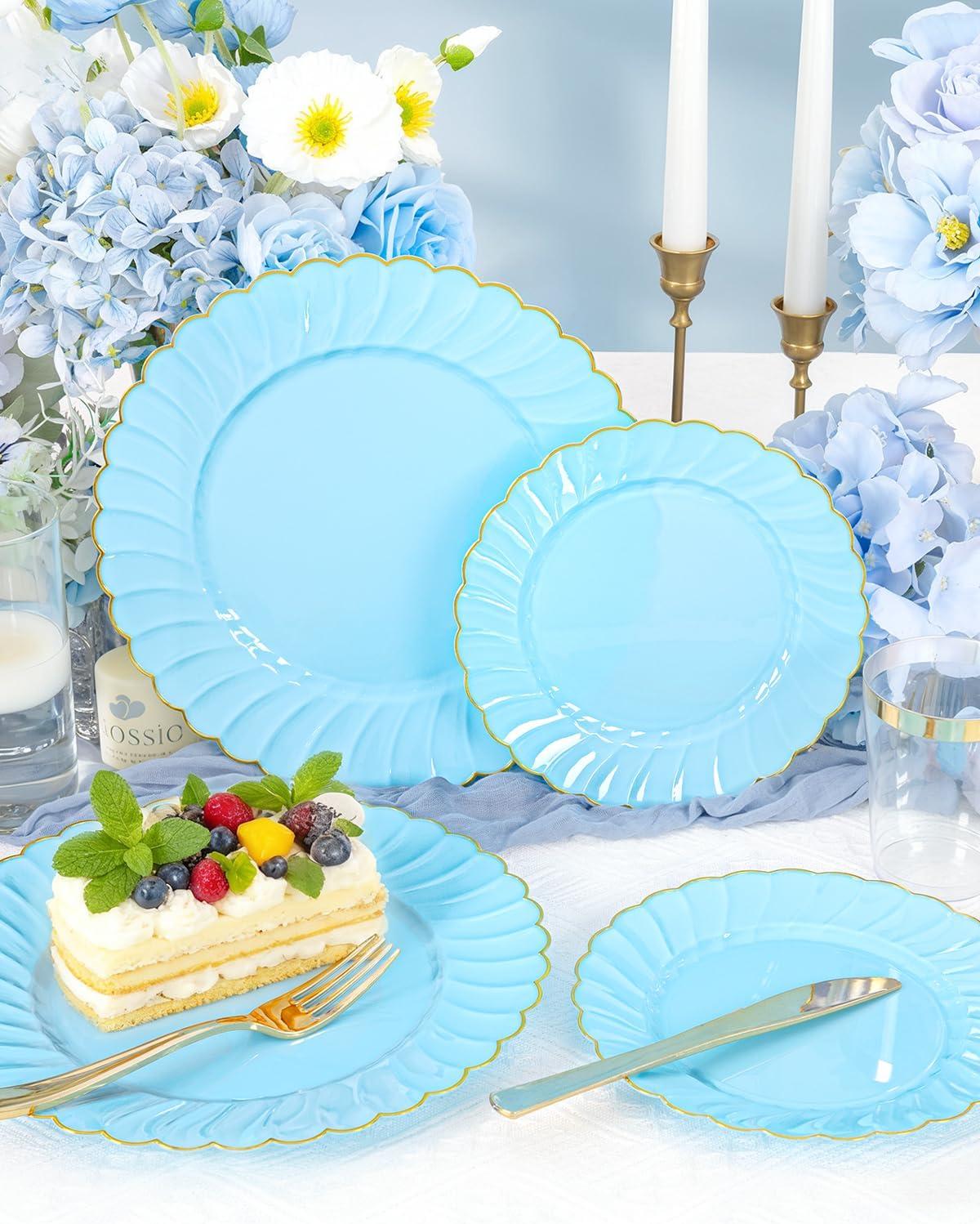 YOUBET 175PCS Blue Scalloped Plastic Plates - Light Blue Disposable Dinnerware Set Include 50 Plates, 75 Gold Silverware, 25 Cups, 25 Napkins for Party & Wedding & Baby Shower