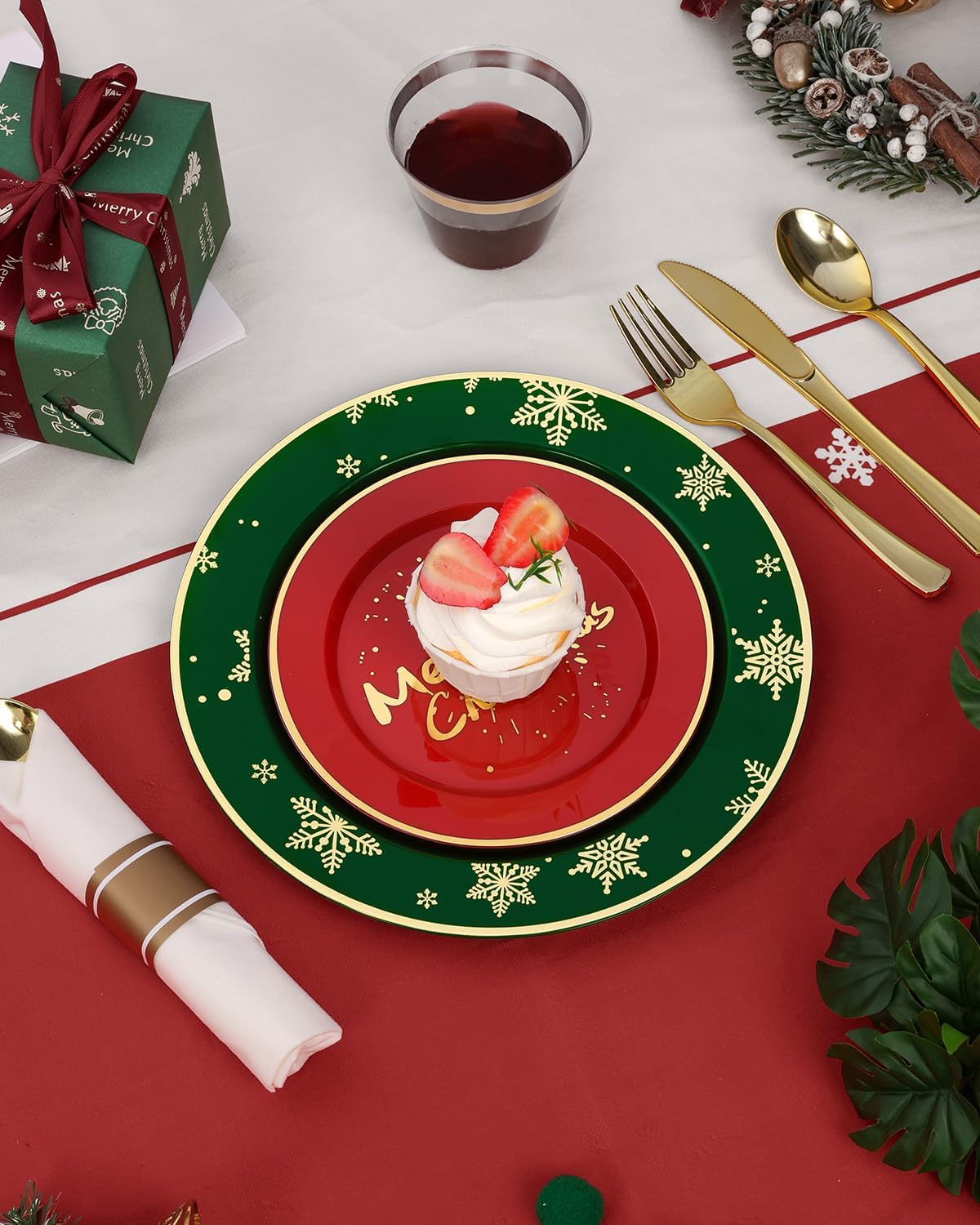 Goodluck 175 Piece Christmas Plates Sets for 25 Guests, Christmas Tableware Disposable for Party, Include 50Plates, 25Pack Pre Rolled Napkins with Silverware, 25Cups for Party, Wedding, Graduation