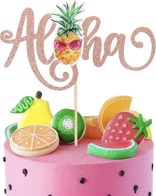 1 Pack Aloha Cake Topper Glitter Pineapple Summer Hawaiian Cake Pick Tropical Fruit Cake Decorations for Summer Baby Shower Aloha Hawaiian Theme Birthday Party Supplies Rosegold