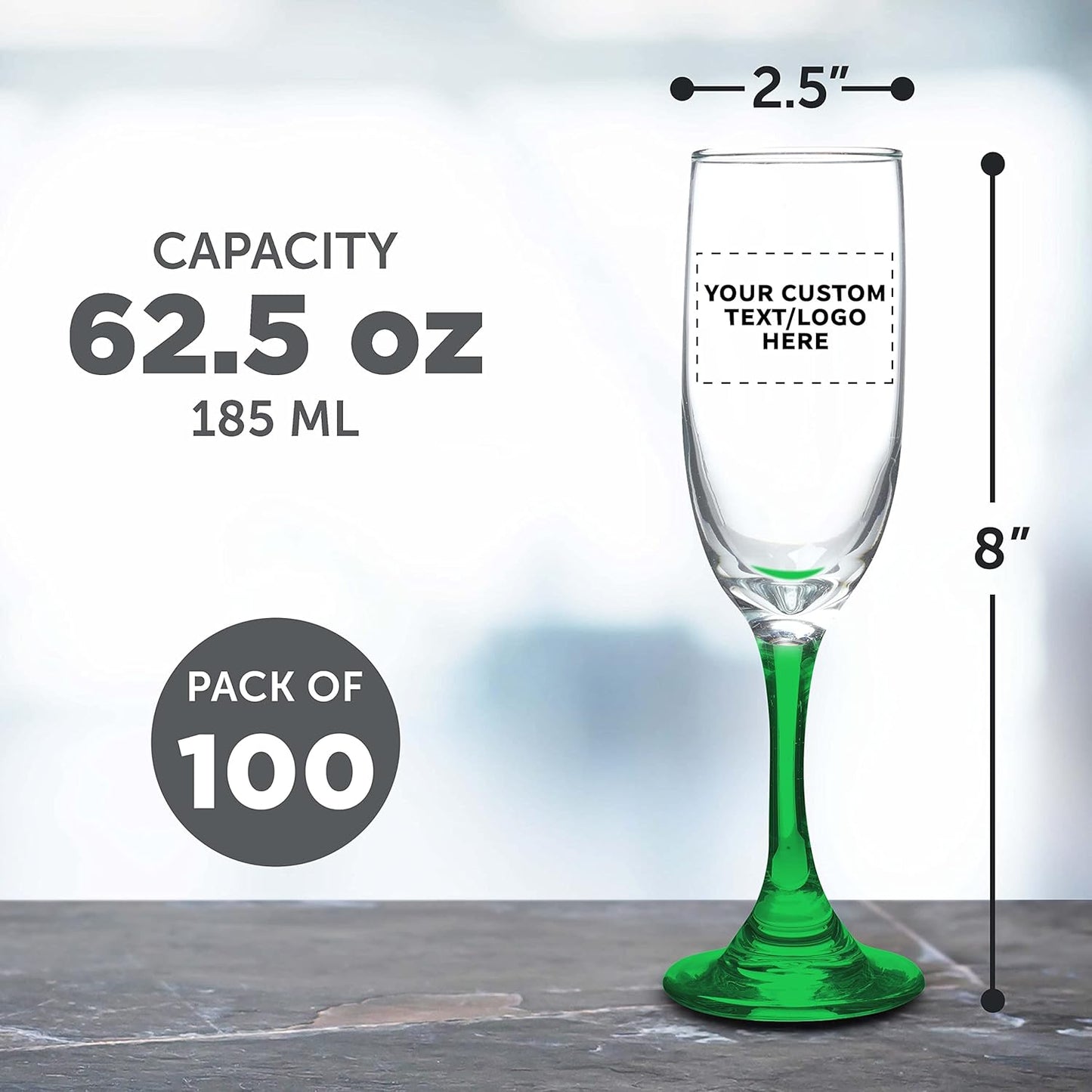 DISCOUNT PROMOS Custom Premiere Champagne Flutes 6.25 oz. Set of 100, Personalized Bulk Pack - Elegant Drinkware for Weddings, Events, & Promotional Gifts - Green