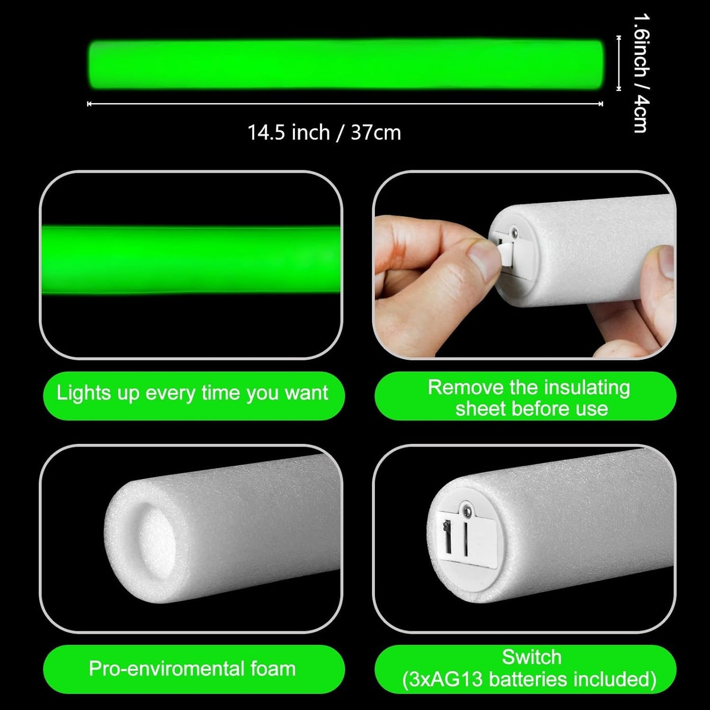 Glow Foam Wand, 36 Pcs Giant Green LED Light Up Sticks Flashing Glowing Baton Wands Party Supplies for St. Patrick's Day, Raves,Concert,Christmas, Halloween,Sporting Events