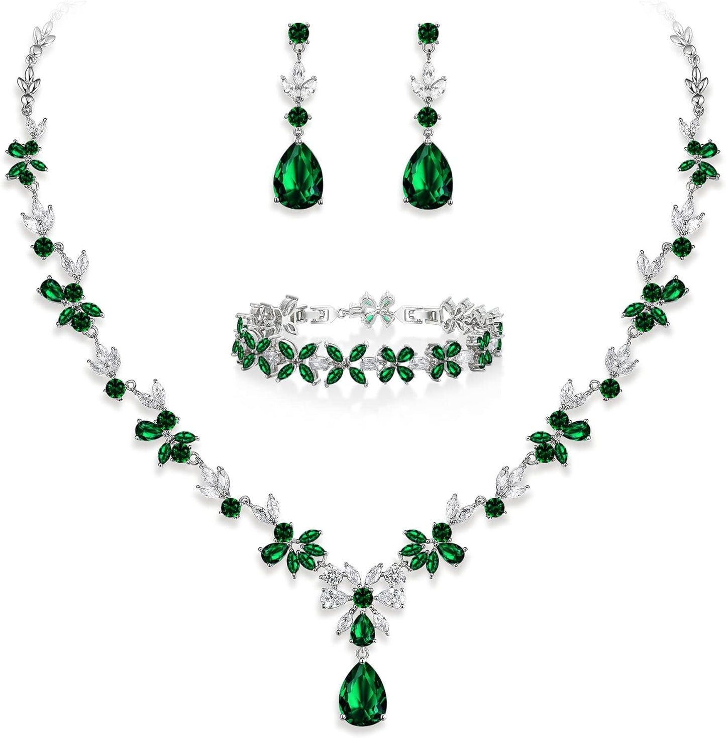 EVER FAITH Bridal Jewelry Set for Bride Bridesmaid, Flower Leaf Teardrop Cubic Zirconia Necklace Dangle Earrings Bracelet Sets Wedding Party for Women