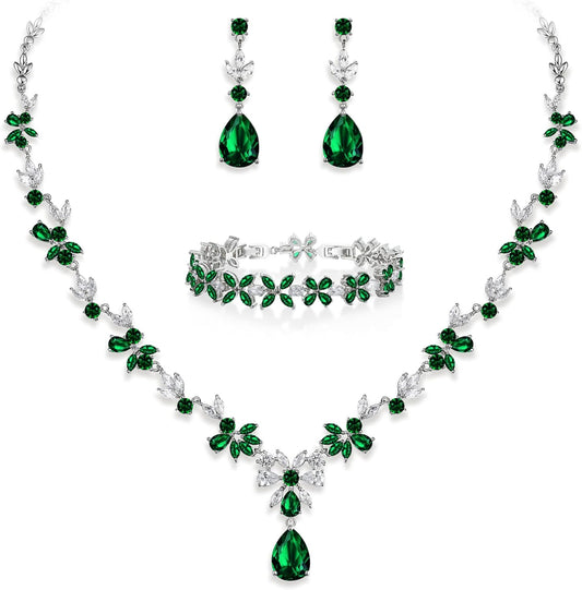 EVER FAITH Bridal Jewelry Set for Bride Bridesmaid, Flower Leaf Teardrop Cubic Zirconia Necklace Dangle Earrings Bracelet Sets Wedding Party for Women