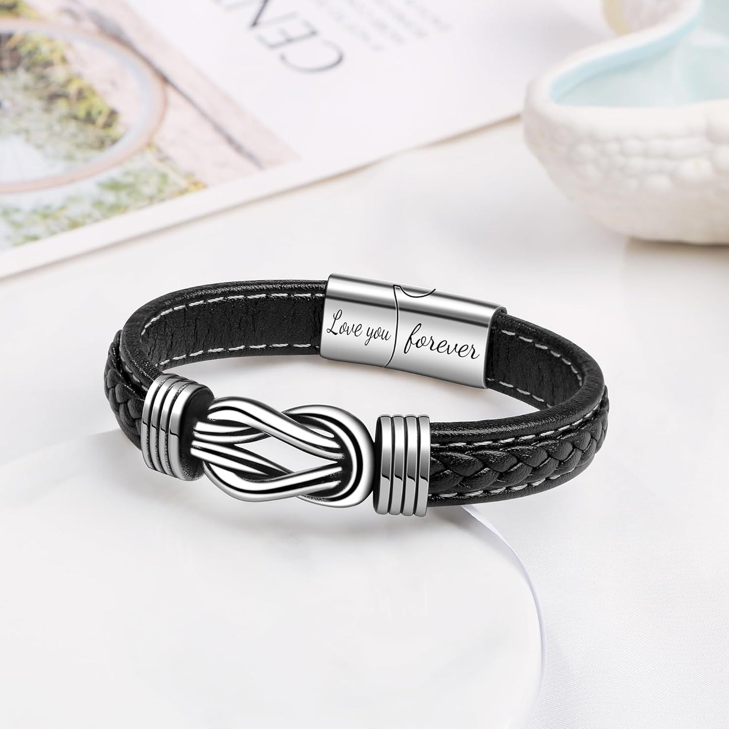 𝗞𝗻𝗼𝘁 𝗕𝗿𝗮𝗰𝗲𝗹𝗲𝘁 𝗚𝗶𝗳𝘁𝘀 𝗳𝗼𝗿 𝗠𝗲𝗻 Brown Braided Leather Stainless Steel Infinity Bracelets Lettering Love You Forever Gifts for Son Grandson Husband Boyfriend Brother Always Linked Together