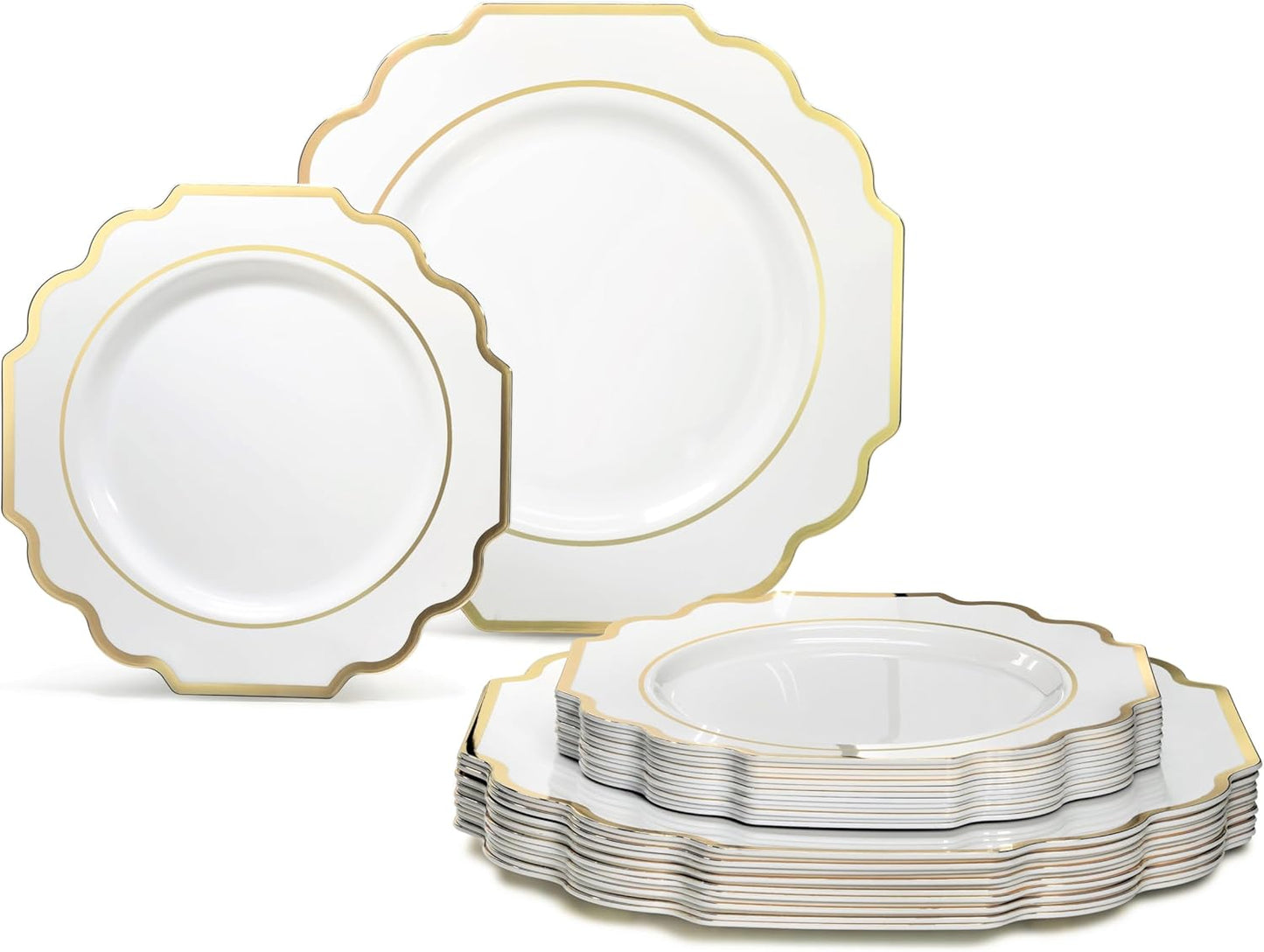 " OCCASIONS " 50 Plates Pack (25 Guests)-Heavyweight Wedding Party Disposable Plastic Plate Set -(25x10.5'' Dinner + 25x8'' Salad/Dessert) (Imperial White & Gold)
