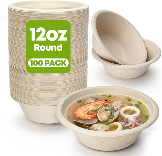 W&Y 12 oz Paper Bowls, 100-Count Disposable Compostable Bowls, Microwave Safe & Heavy Duty, Biodegradable Sugarcane Fiber Bowl for Hot Soup, Salad, Snacks, and Party Use