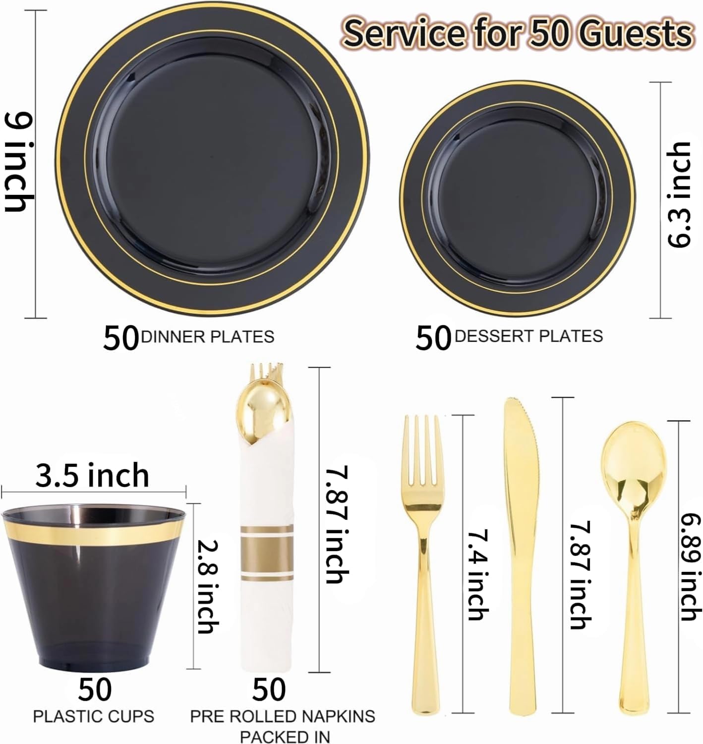 350 Pieces Black and Gold Plastic Plates with Disposable Silverware, Include 50 Dinner Plates 9”, 50 Dessert Plates 6.3”, 50 Black Cups 9 OZ, 50 Pre Rolled Napkins for New Year