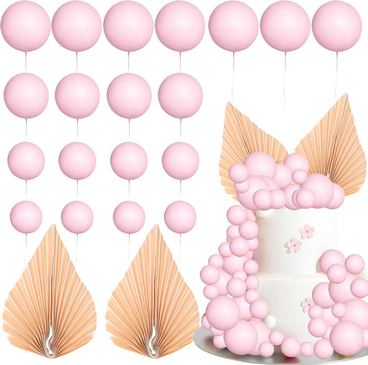 Ephlyn 28Pcs Paper Palm Fan Cake Topper Balls Cake Pick for Baby Shower Wedding Bridal Shower Birthday Party Cake Decorations Supplies Pink