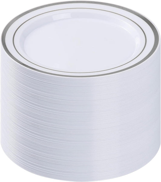 BESTVIP 100PCS Silver Plastic Plates, 10.25 Inch Disposable Dinner Plate Party with Silver Rim for Christmas, Thanksgiving, Heavy Duty Disposable Plastic Plates for Party, Wedding and Birthday, Events