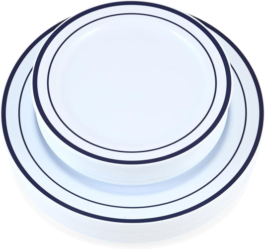 60 Pieces White Plastic Disposable Plates - Premium Heavy-Duty 30 Dinner Plates & 30 Salad Plates with Navy Rim Ideal for Party, Birthday and Special Events