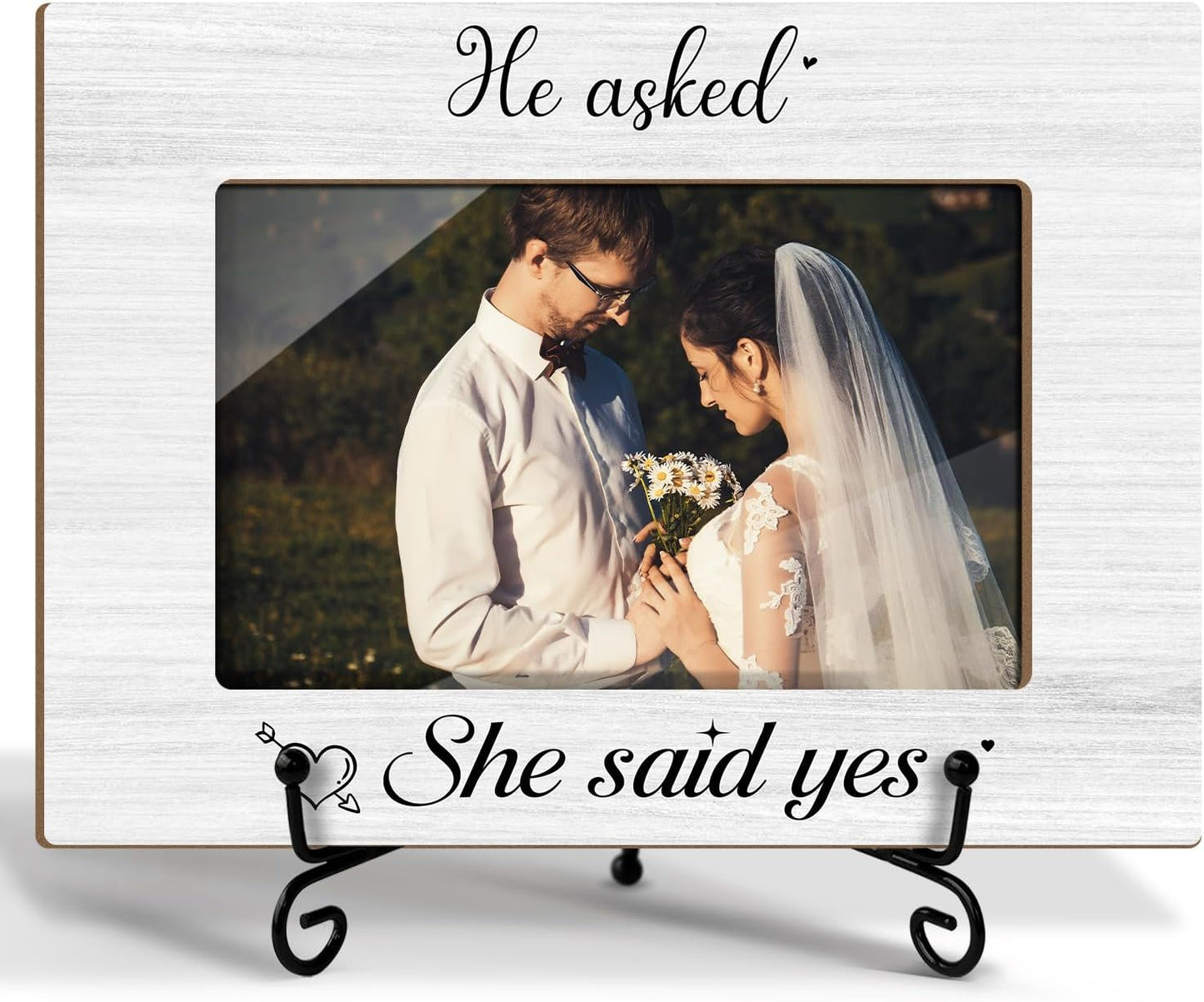Engagement Picture Frame, He Asked She Said Yes, Wedding Engagement Gifts For Couple Newlyweds Bride Groom, 4x6 Wooden Picture Frame Tabletop Display Home Decor -07