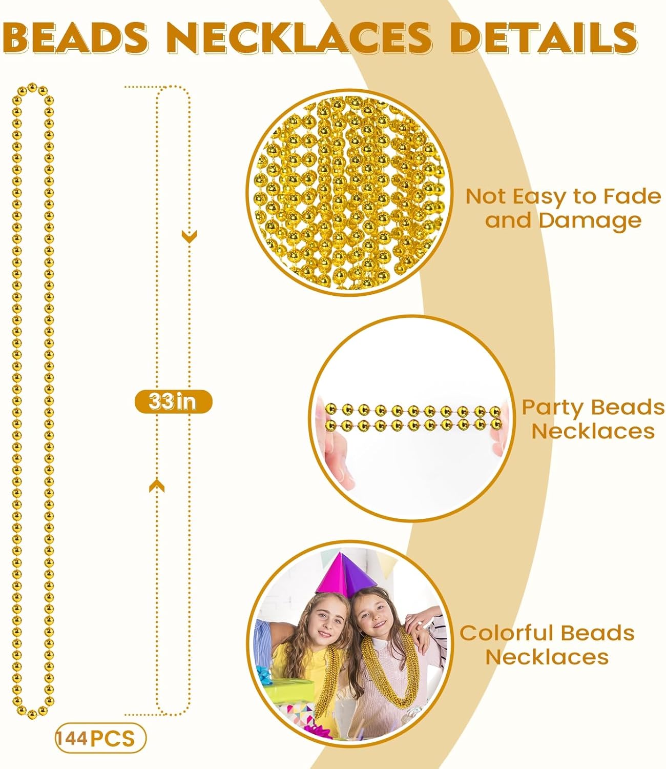 SHAOQINLIN 144 PCS Gold Mardi Gras Beads, Christmas Necklaces, Golden Bead Necklace, 33'' Metallic Gold Party Beads for Mardi Gras, Christmas, New Year's Day, Carnival Party Favors