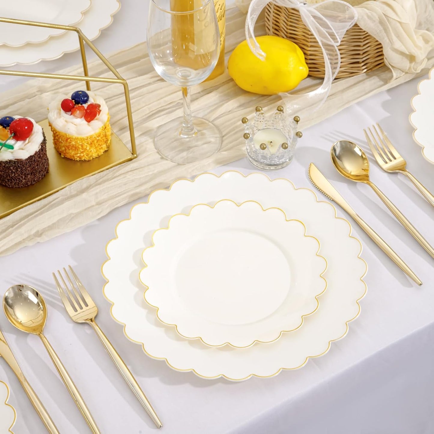 LIYH 120 Pcs Ivory Plastic Plates Disposable Heavy Duty Thanksgiving Plates - Gold Rim Fancy Scalloped Plastic Party Plate Wedding Plate for Birthday Party Thanksgiving Day