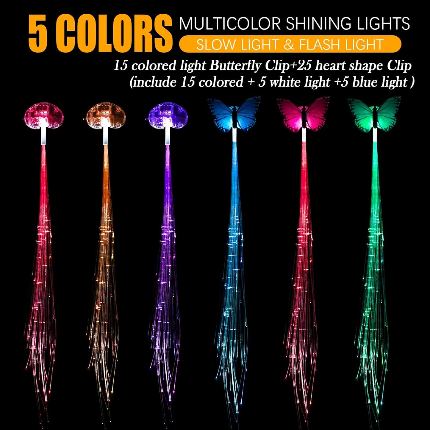 40 Pack Led Light Up Fairy Hair Accessories Braid Extension Butterfly Clips for Women Girls, Glow in the Dark Party Favors Supplies Neon Rave Accessories Wig for Festival Halloween Christmas Birthday