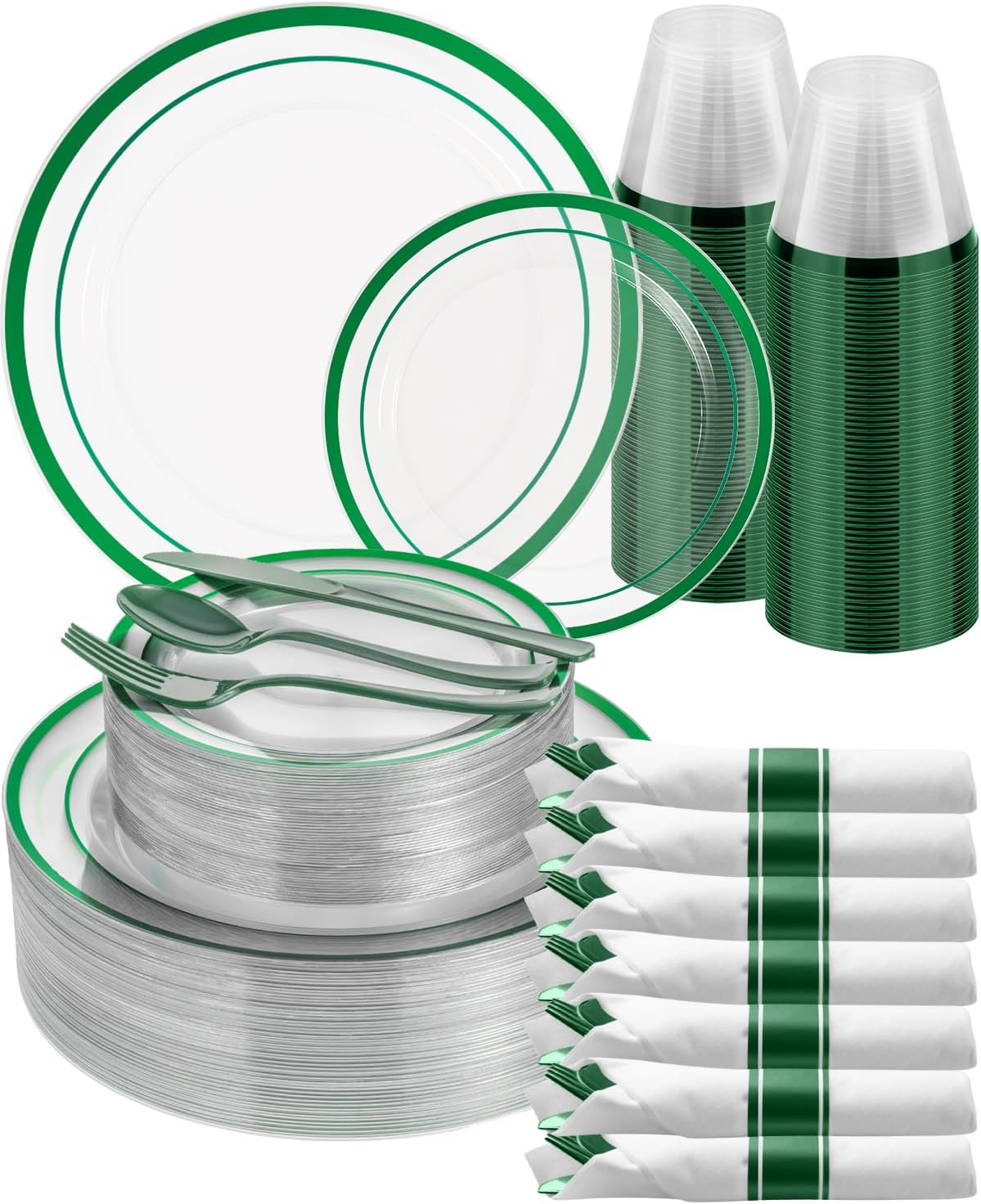 Goodluck 350 Piece Green Plastic Plates, Clear Plastic Silverware Disposable Plates Set, Include 100Plates, 50Pack Pre Rolled Napkins with Silverware, 50Cups for Party, Wedding, Graduation