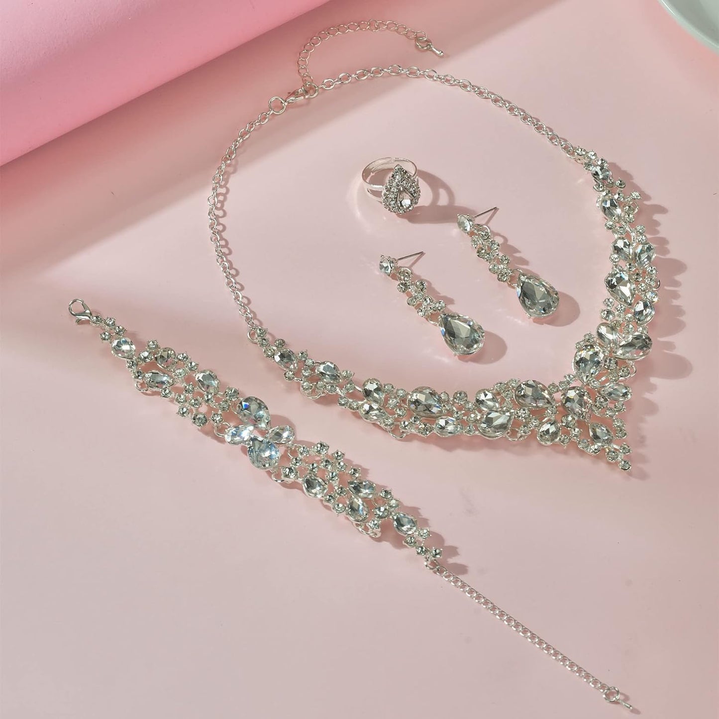 Crystal Bridal Wedding Jewelry Sets for Women Rhinestone Teardrop Crystal Statement Choker Necklace Drop Earrings Link Bracelets Rings Teardrop Jewelry Set for Brides Bridesmaids