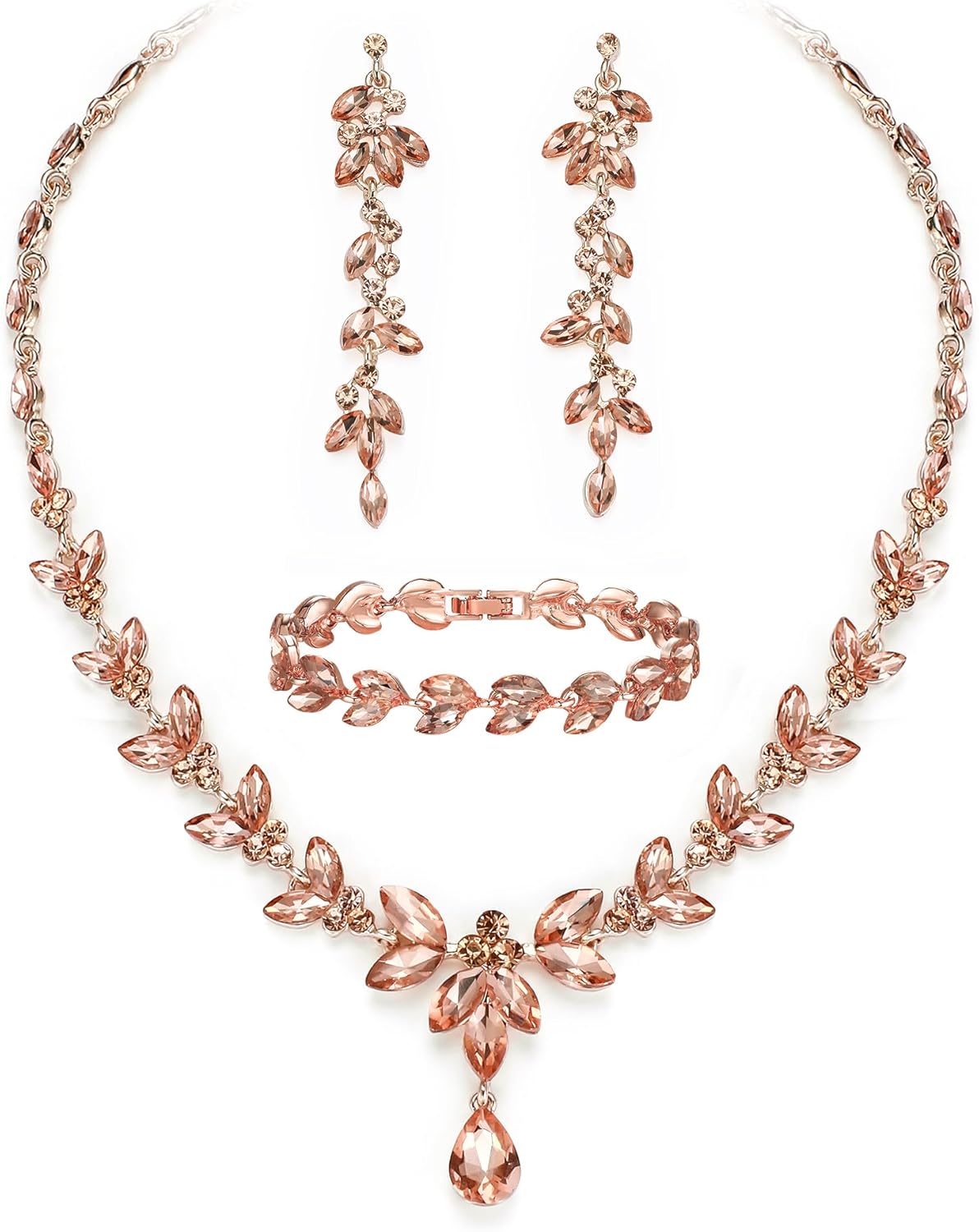 EVER FAITH Austrian Crystal Bridal Bridesmaid Jewelry Sets, Elegant Marquise Rhinestone Leaf Necklace Dangle Earrings Tennis Bracelet Set for Women