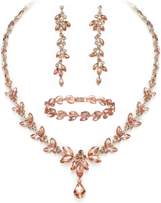 EVER FAITH Austrian Crystal Bridal Bridesmaid Jewelry Sets, Elegant Marquise Rhinestone Leaf Necklace Dangle Earrings Tennis Bracelet Set for Women