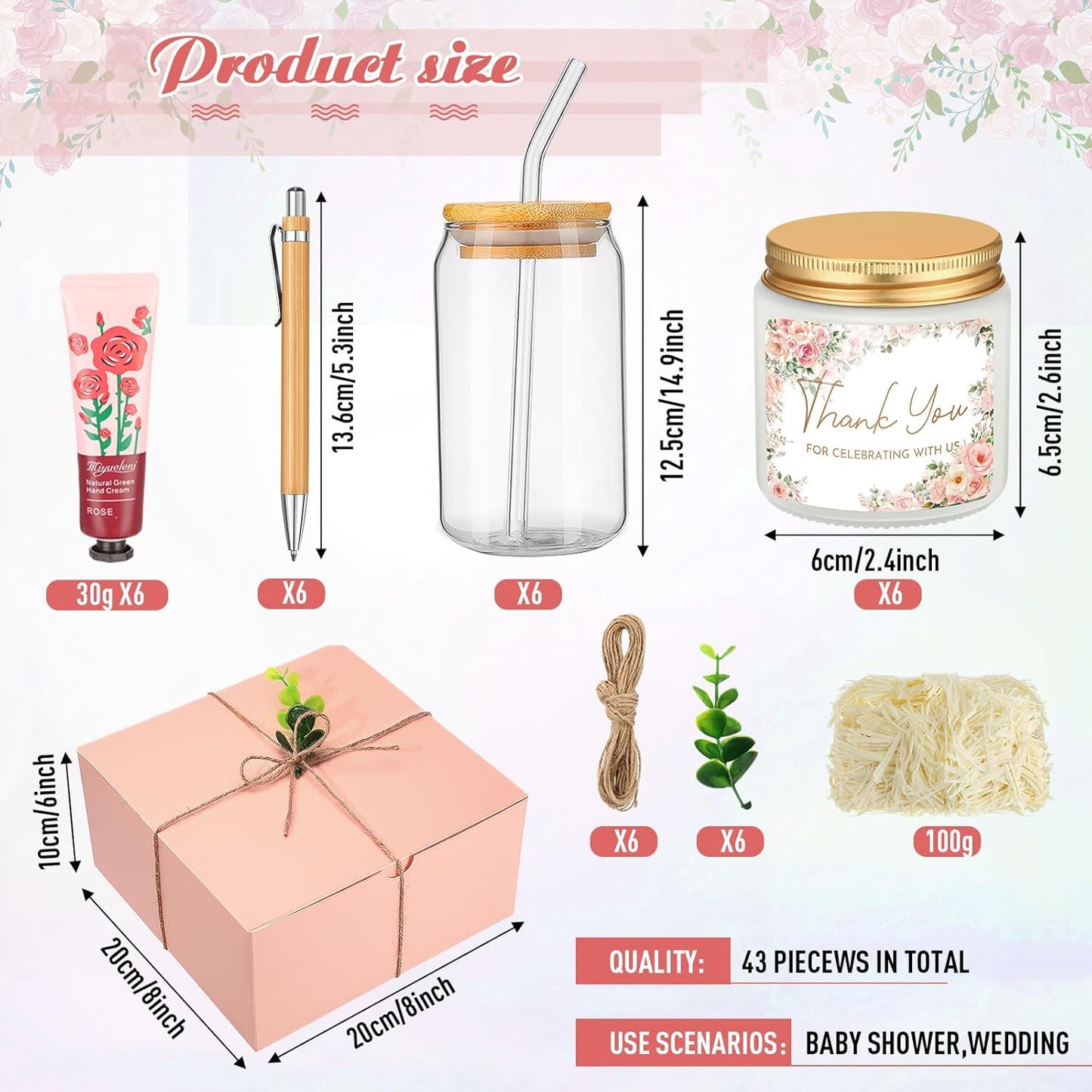 6 Sets Baby Shower Game Prizes for Winners, Glass Cup Scented Candles Hand Cream Pens Gift Box with Raffia for Baby Shower Wedding Bridal Favors for Guests(Pink)