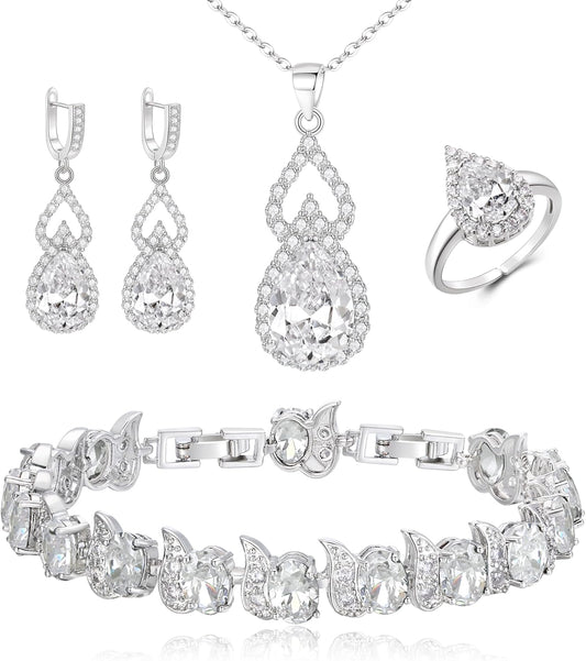 BriLove Wedding Jewelry Set for Women Bride Bridesmaid, Gorgeous Cubic Zirconia Teardrop Necklace Earrings Bracelet Adjustable Ring Jewelry Gift for Birthday/Anniversary/Mother’s Day