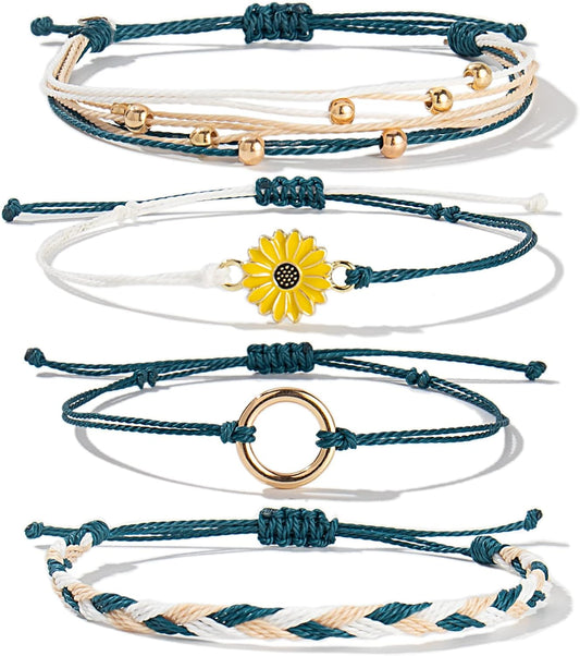 FANCY SHINY Sunflower String Bracelet Boho Braided Rope Wrap Bracelets Cute Summer Beach Surfer Jewelry for Women Christmas Gifts