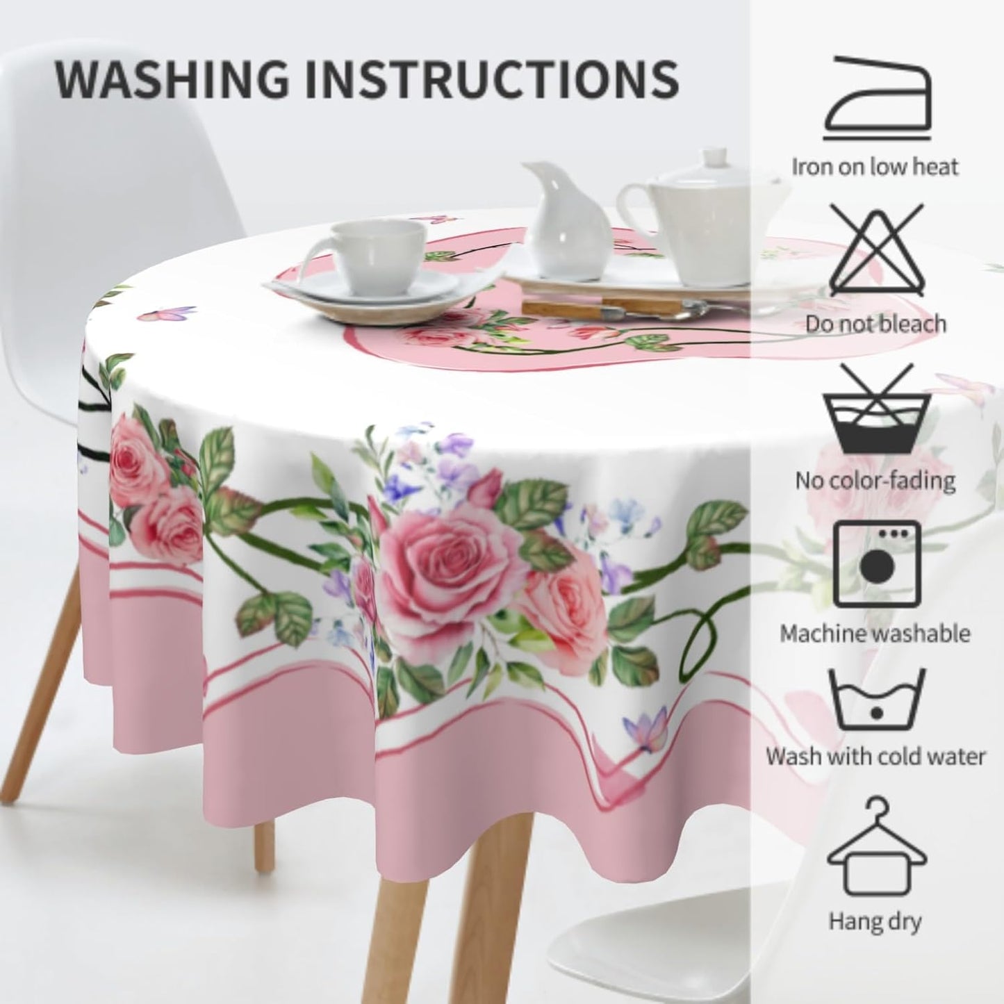 Giwawa Rose Flower Round Tablecloth 60Inch Valentines Day Pink Floral Butterflies Table Cover Romantic Spring Kitchen Dining Polyester Stain Resistant Table Cloth for Holiday Party Picnic Decor