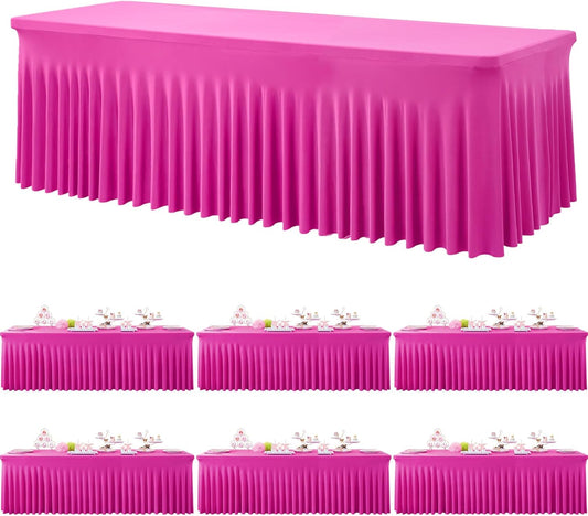 6 Pack Hot Pink Spandex Tablecloth for 8 Foot Rectangle Tables, Wrinkle Free Fitted Table Cloth Cover 8FT Fuchsia Stretchy Tablecloths Desk Skirt for Parties Weddings Birthday Banquet Baby Shower