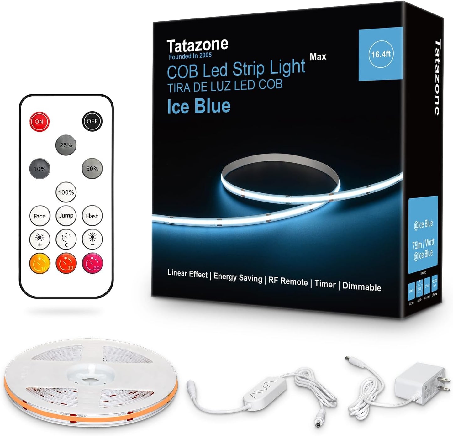 16.4ft Ice Blue COB Led Strip Lights with RF Remote, Dimmable Bright Adhesive Indoor Led COB Light Strip for Cabinet, Painting, Room, Bed