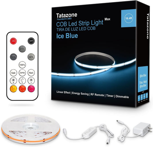 16.4ft Ice Blue COB Led Strip Lights with RF Remote, Dimmable Bright Adhesive Indoor Led COB Light Strip for Cabinet, Painting, Room, Bed