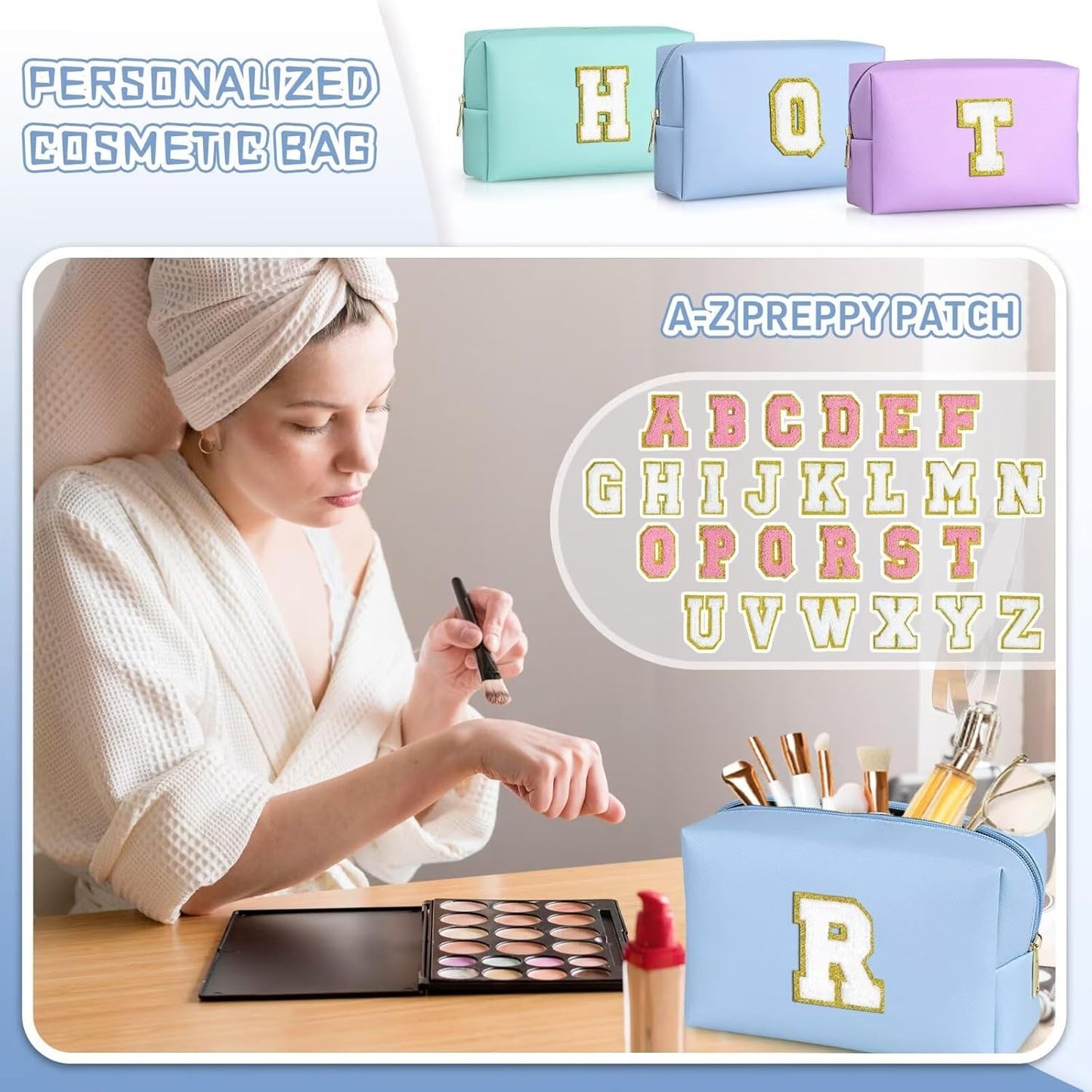 TOPEAST Preppy Stuff Cute Makeup Bag Small Cosmetic Bag Travel Toiletry Bag, Personalized Birthday Wedding Gifts for Mom Teacher Friends Bridesmaids, Preppy Travel Stuff for Girls (Sky Blue N)