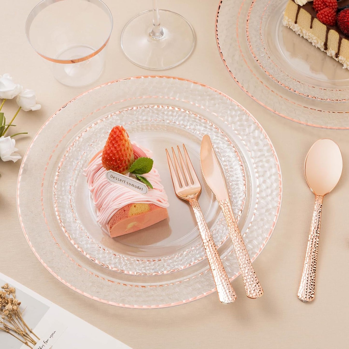 350PCS Clear Plastic Plates with Rose Gold Trim for 50 Guests, Disposable Dinnerware Set for Party, Wedding, Include 100 Plastic Plates, 50 Pre Rolled Napkins with Silverware, 50 Cups